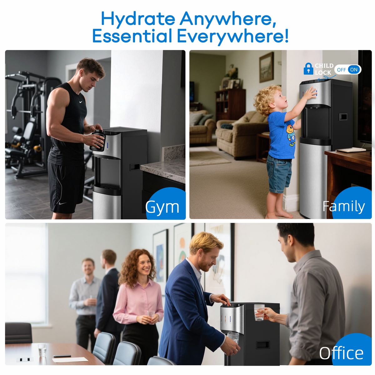 UrbanSync 3-Temp Bottom-Loading Water Dispenser with Ergonomic Height, Water Cooler with Child Lock & Food-Grade Tank for 5 Gal, Home/Office/Gym