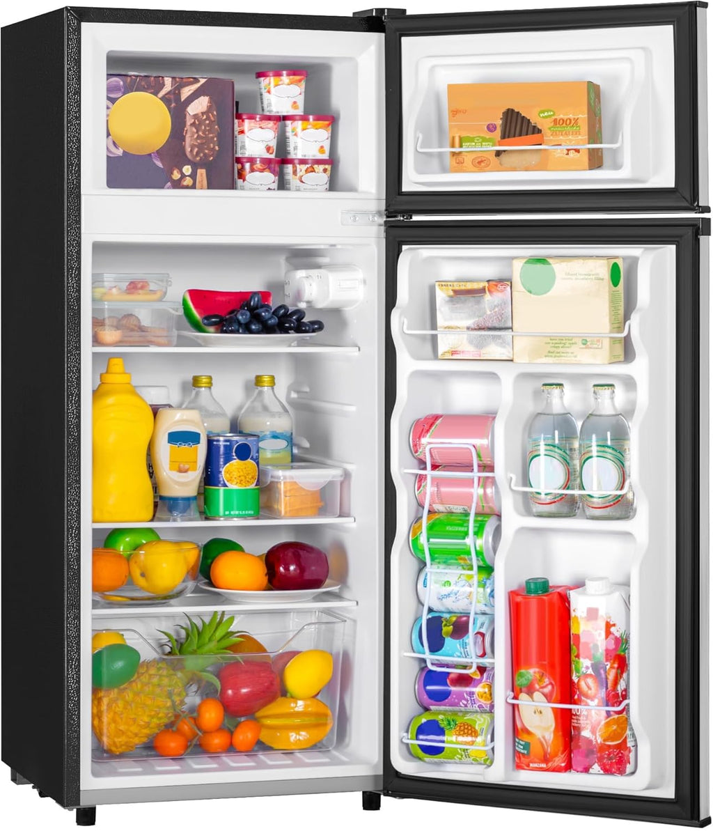 UrbanSync 4.5 Cu.Ft Mini Fridge with Freezer, 2 Doors, 7 Temperature Settings, Featuring Adjustable Castors and Shelves, Suitable for Kitchens,Offices and Bedrooms (Silver)