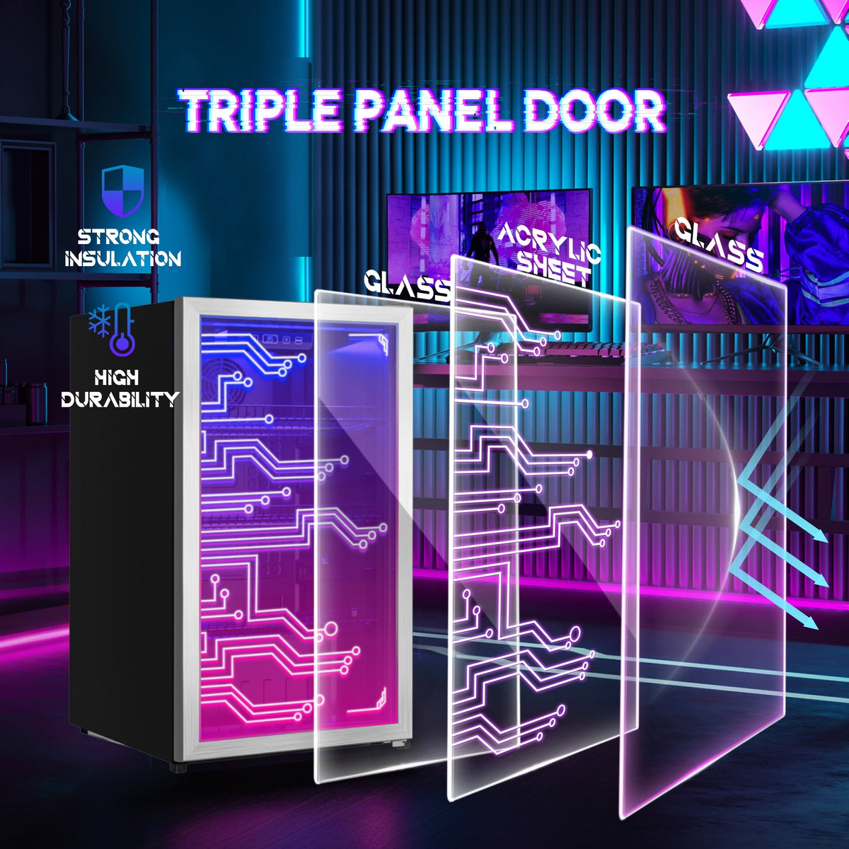UrbanSync Light Up Beverage Refrigertor, Led Lighting Door 120 Cans Freestanding Beverage Fridge, Cyberpunk Beverage Cooler for Gaming, Gaming Room, Bar, Party