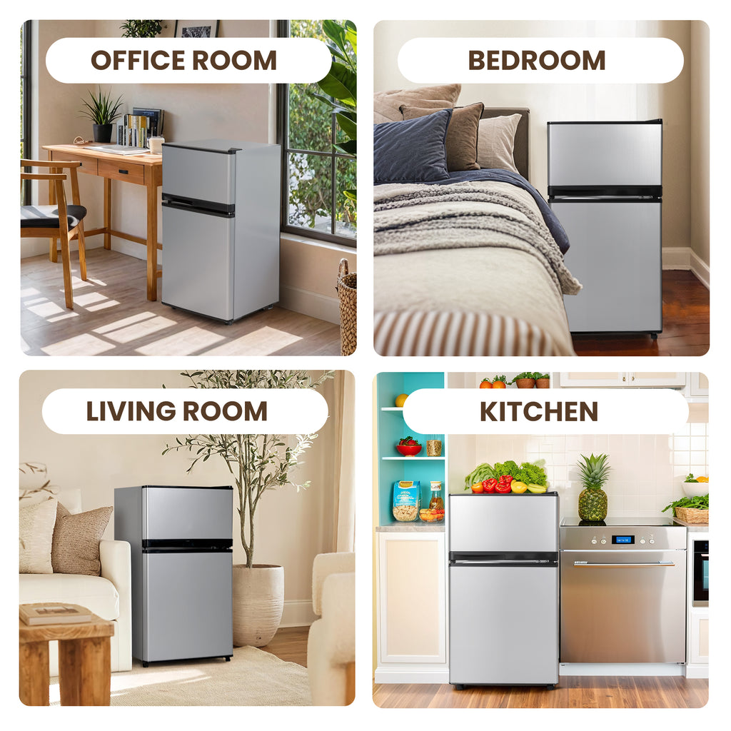 UrbanSync 3.6 Cu.Ft Mini Fridge, Quiet Operation, 2 Doors, 7 Setting Adjustable Thermostat, Adjustable Shelves, Ideal for Offices, Bedrooms, Living Rooms, and Kitchens (Silver)