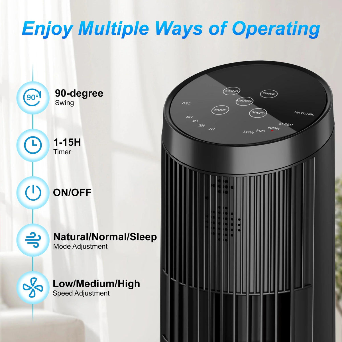 UrbanSync 33" Tower Fan – 3 Speeds, Remote Control, 15-Hour Timer, Rotating, 90° Oscillation – Ideal for Office, Bedroom, Gym