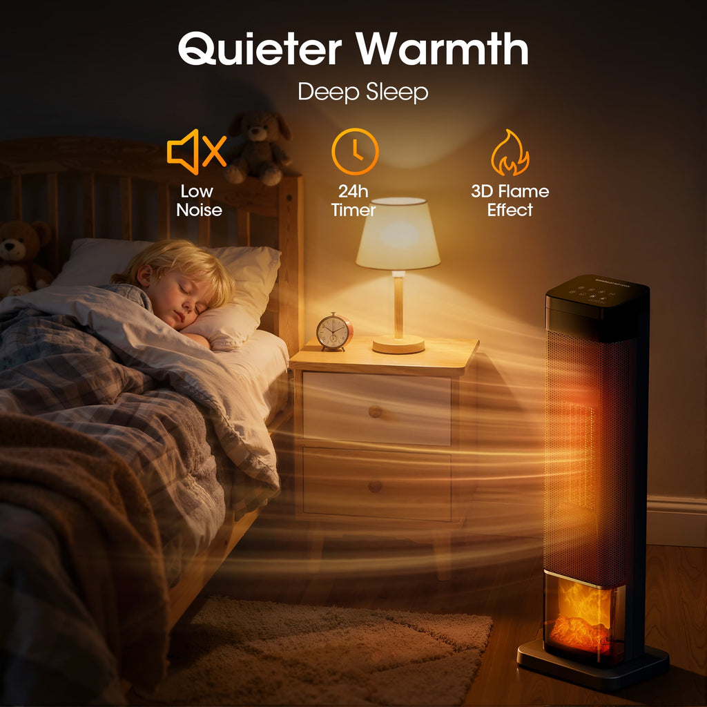 UrbanSync 25" 1500W Tower Space Heater with 4 Modes, 3D Flame, LED Display, Tower Heater with 70 °Oscillation, 24 Hour Timer and Child Lock, for Living Room, Office, Bathroom (Black)