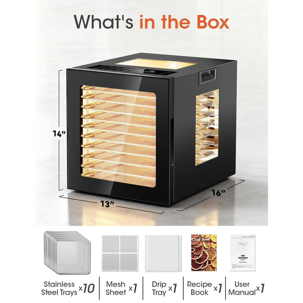 UrbanSync 850W Food Dehydrator Machine, 10 Stainless Steel Trays, 10 Presets, 95-167°F Temperature Control, 48-Hour Timer, Overheating Protection, LED Light, Ideal for Food, Meat, Fruit, Vegetables