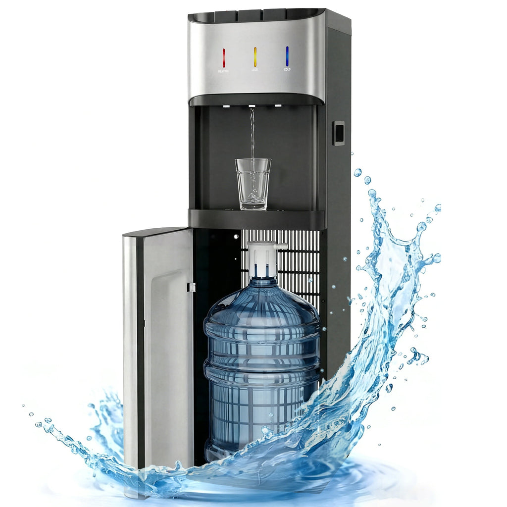 UrbanSync Bottom-Mounted Water Dispenser, 3 Temperatures (Hot, Cold, and Room), with Safety Lock, LED Lighting, Empty Bottle Alert, Black
