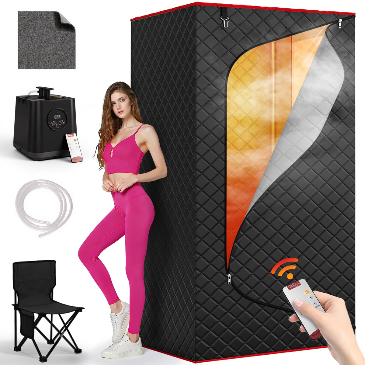 UrbanSync 1-Person Portable Steam Sauna Box with 3L/1200W Steamer, 99-Min Timer & 15 Power Levels, XL Foldable and Remote Control, Detox Spa for Relaxation, Black