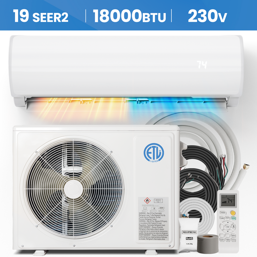 UrbanSync 18000 BTU Mini Split Air Conditioner & Heater with Inverter, 19 SEER2 230V Energy Saving AC Unit Cools Rooms up to 1250 Sq. Ft, Complete Installation Kit