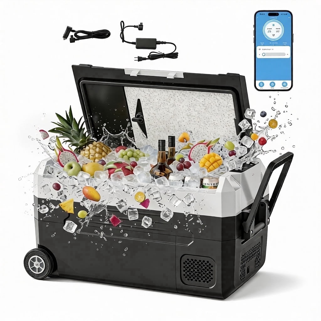 12V Vehicle Refrigerator (-4°F~50°F), Dual Zone Storage, Low Noise, Camping, Travel, Truck, Home, Blue