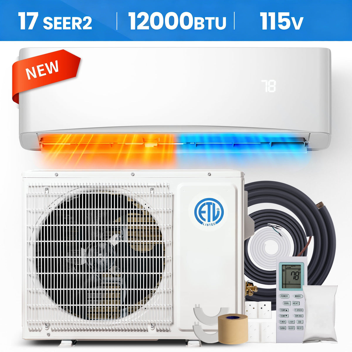 UrbanSync 12000 BTU Mini Split Air Conditioner & Heater with Inverter, 17 SEER2 115V Energy Saving AC Unit Cools Rooms up to 750 Sq. Ft, Complete Installation Kit