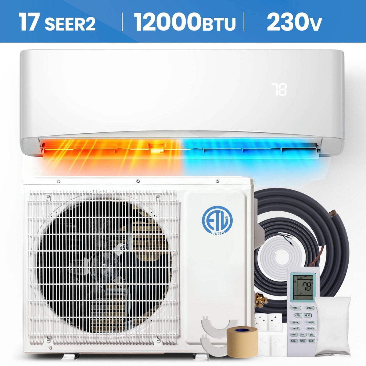 UrbanSync 12000 BTU Mini Split Air Conditioner & Heater With AHRI Certified, 17 SEER2 230V Inverter System, Covers Up to 750 Sq. Ft, Complete Installation Kit Included