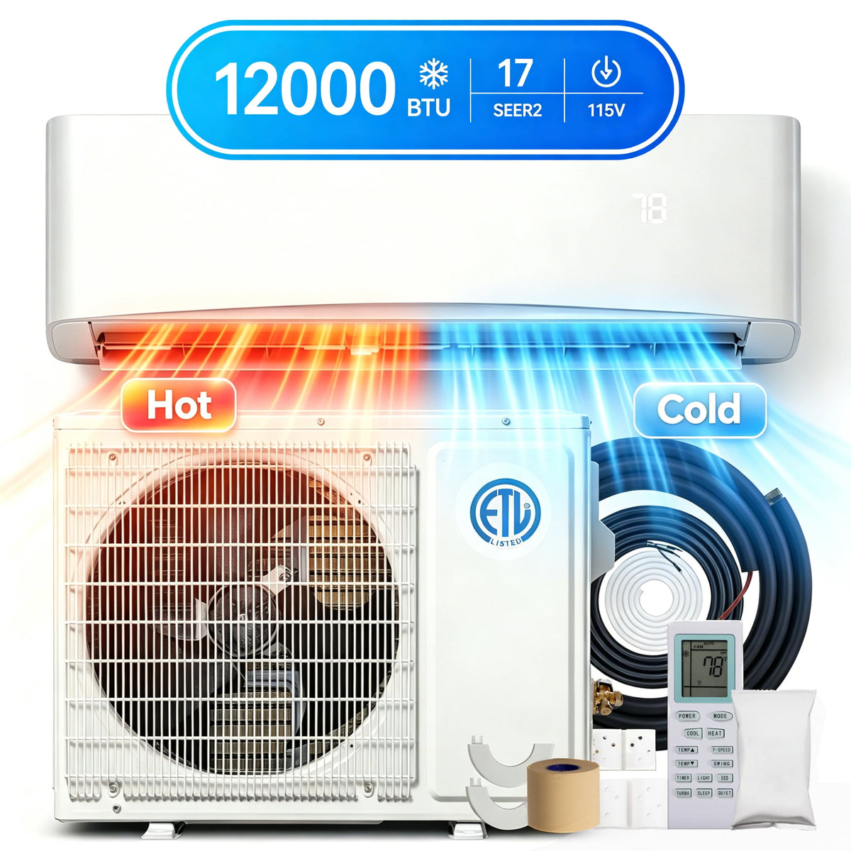 UrbanSync 12000 BTU 17 SEER2 115V Mini Split Air Conditioner with Heater, Energy Saving AC Unit Cools Rooms up to 750 Sq. Ft for Bedroom