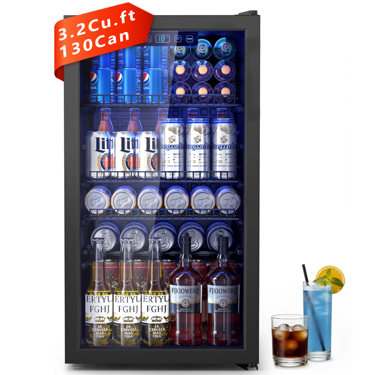 UrbanSync 130 Can Beverage Refrigerator Cooler 3.2 Cu.ft Mini Fridge with Glass Door & Adjustable Shelves, for Home/Office/Bar