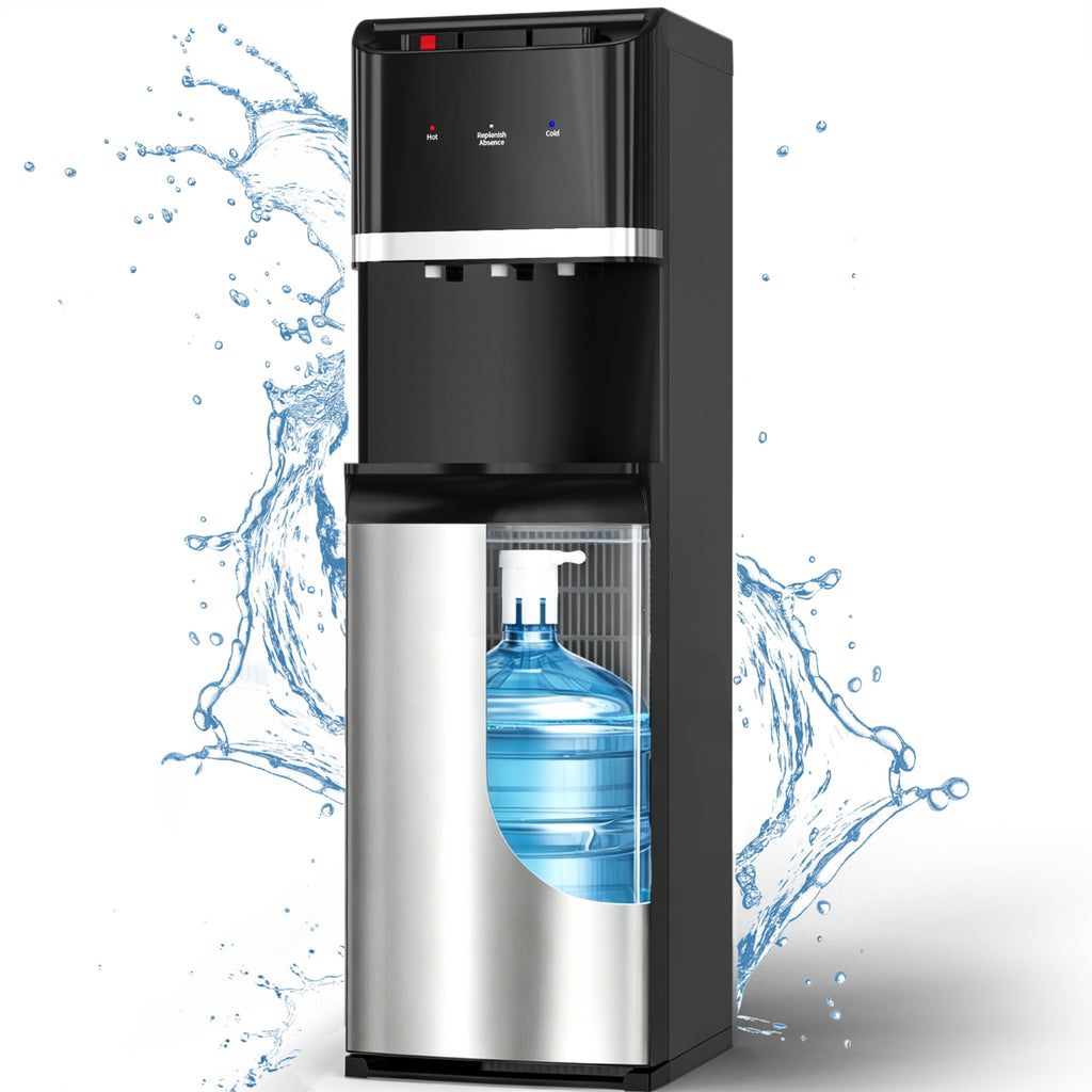 UrbanSync Bottom Loading Water Cooler Dispenser for 5 Gallon Bottle, Stainless Steel, 3 Temperature Settings - Hot, Cold & Room Water with Child Lock, Water Shortage Alert, Raven Black