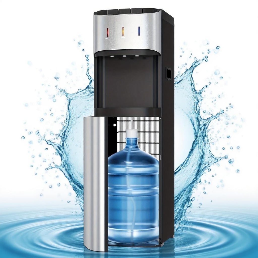 UrbanSync Bottom-Mounted Water Dispenser, 3 Temperatures (Hot, Cold, and Room), with Safety Lock, LED Lighting, Empty Bottle Alert, Silver