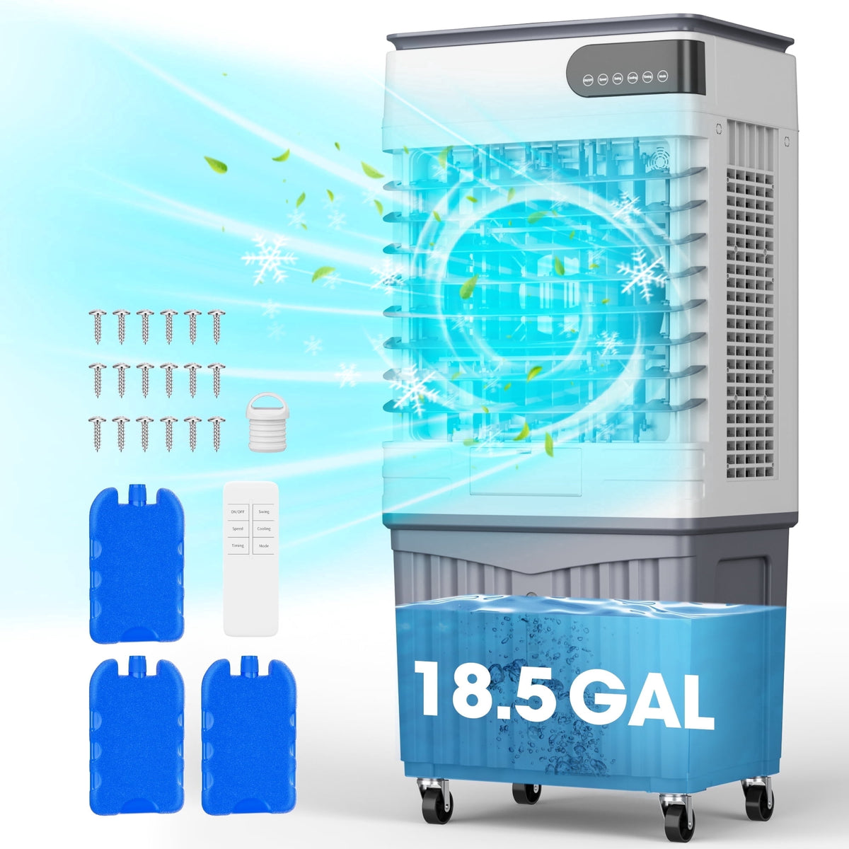 UrbanSync Evaporative Air Cooler, 3d Cooling, 18.5 Gallon Tank, 3 Speeds, 12 Hour Timer, 3 Ice Boxes, Indoor or Outdoor Use, Energy-Saving