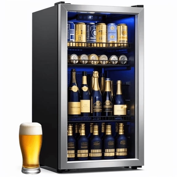 Patiosunny126 Can Beverage Refrigerator and Cooler with Glass Door for Home, 18.5 x 17.5 x 36.7 inches, Stainless Steel