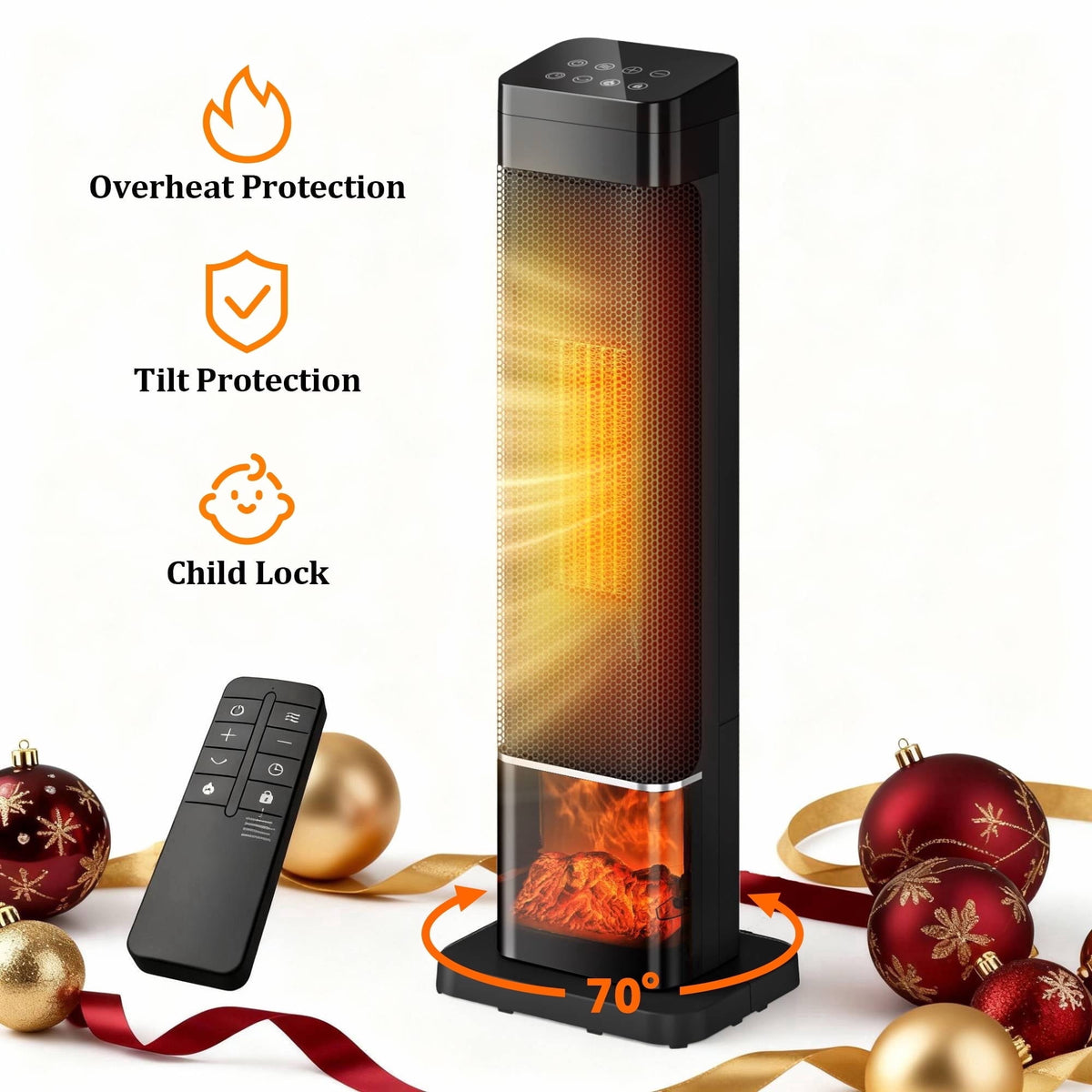 UrbanSync 25" 1500W Tower Space Heater with 4 Modes, 3D Flame, LED Display, Tower Heater with 70 °Oscillation, 24 Hour Timer and Child Lock, for Living Room, Office, Bathroom (Black)