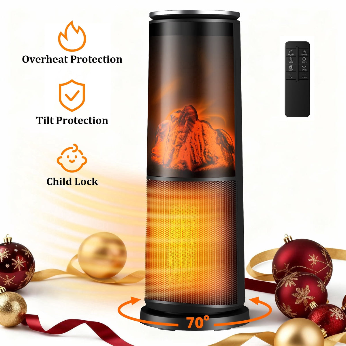 UrbanSync 25" Electric Tower Space Heater with 3D Flame, Tower Heater with Remote, Energy Saving and Mute, Child Lock & Safety Protection, Black