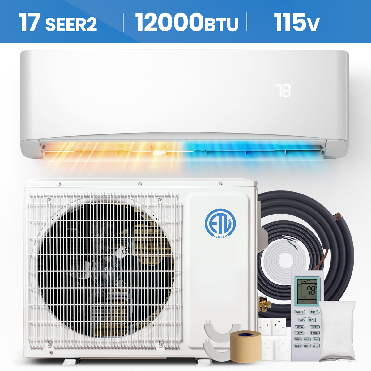UrbanSync 12000 BTU Mini Split Air Conditioner & Heater with Inverter, 17 SEER2 115V Energy Saving AC Unit Cools Rooms up to 750 Sq. Ft, Complete Installation Kit