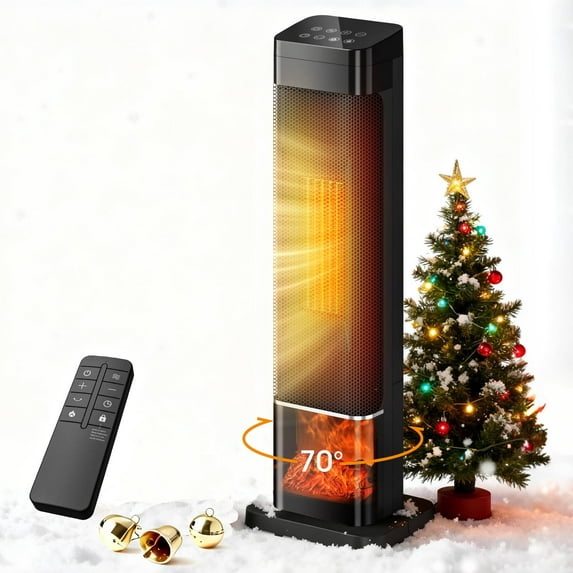 UrbanSync 25" 1500W Oscillating Ceramic Tower Electric Heater , LED Display, 3D Flame, 70 °Oscillation, 4 Modes, 24H Timer, with Overheat Protection, Remote Control for Living Room, Office, Bathroom