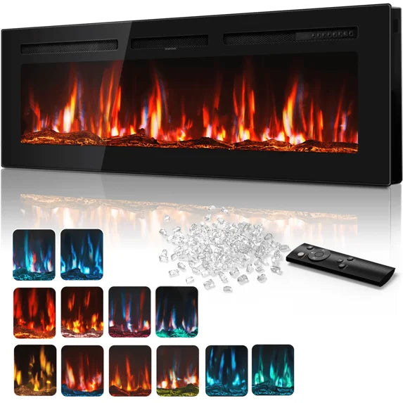 UrbanSync 60" Ultra Thin Electric Fireplace with Remote Control, Wall-Mounted and Recessed Electric Fireplace Heater, 12 Flame Colors, Timer,750W/1500W,Black