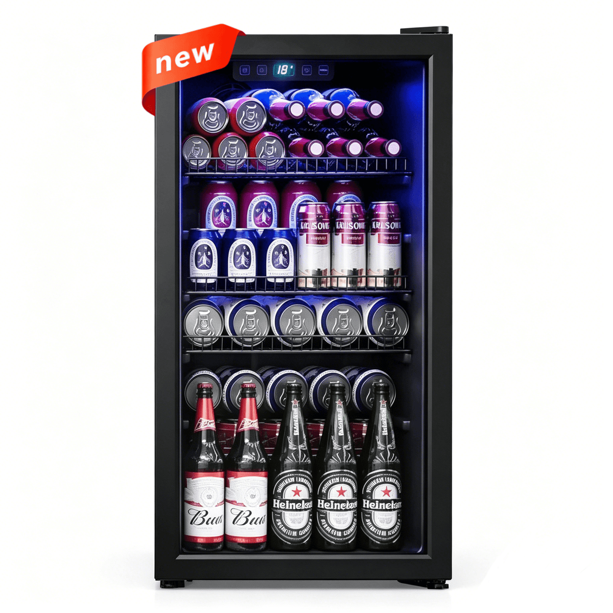 UrbanSync Beverage Cooler, Freestanding Drink Fridge with Glass Door, Adjustable Shelves, Electronic Temperature Control