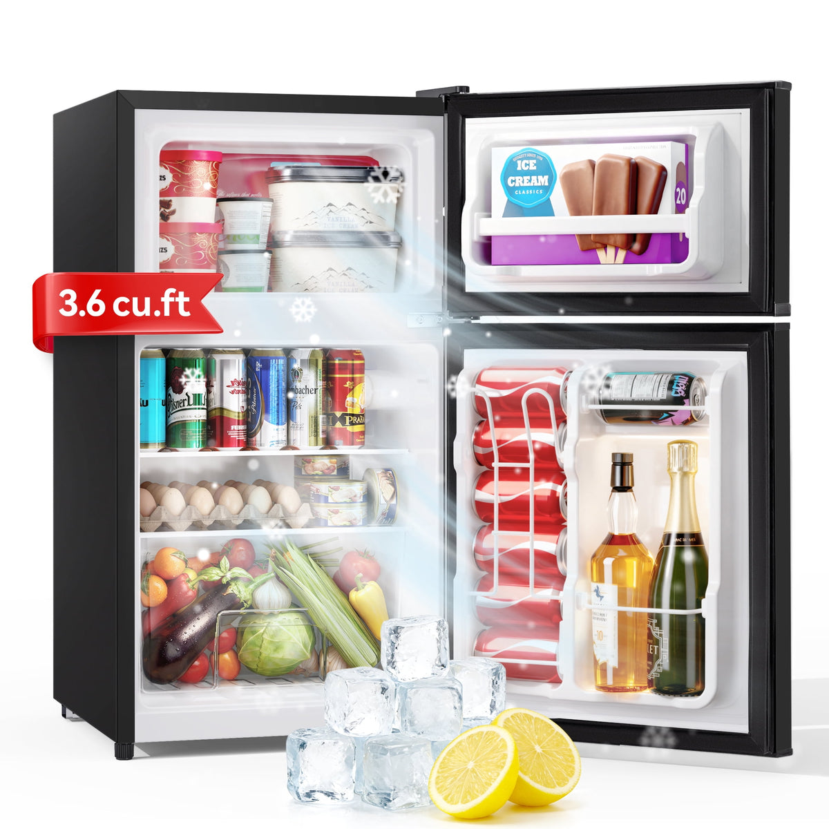 UrbanSync Upgraded 3.6 Cu.Ft Mini Fridges with Freezers, Small Refrigerator with 2 Doors, 7-Setting Adjustable Thermostat, Quiet Operation, Ideal for Dorm, Office and Bedroom (Black)