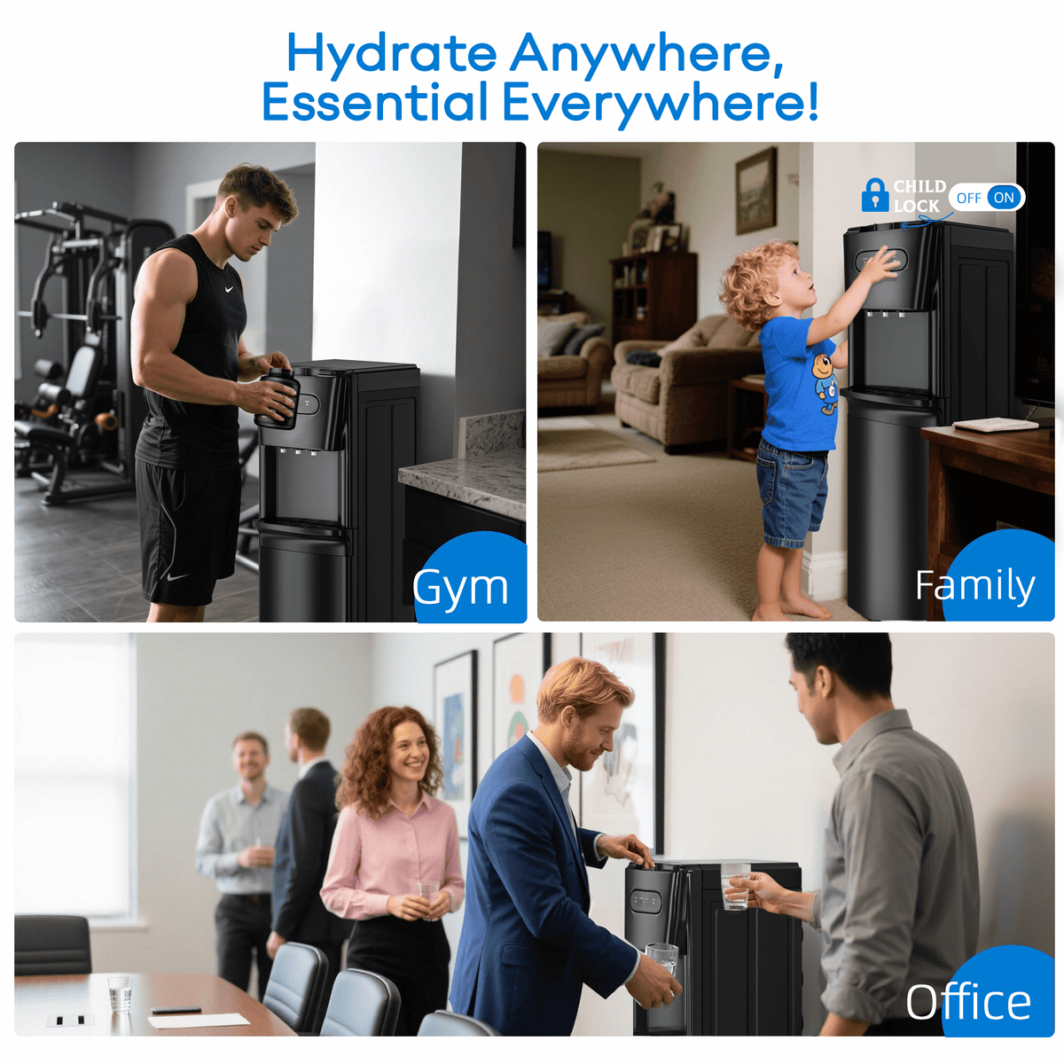 UrbanSync Bottom Loading Water Dispenser for 3 or 5 Gallons, 3 Temperatures (Cold/Hot/Warm) with Child Lock, Display Light, for Apartments, Schools, Companies, Black