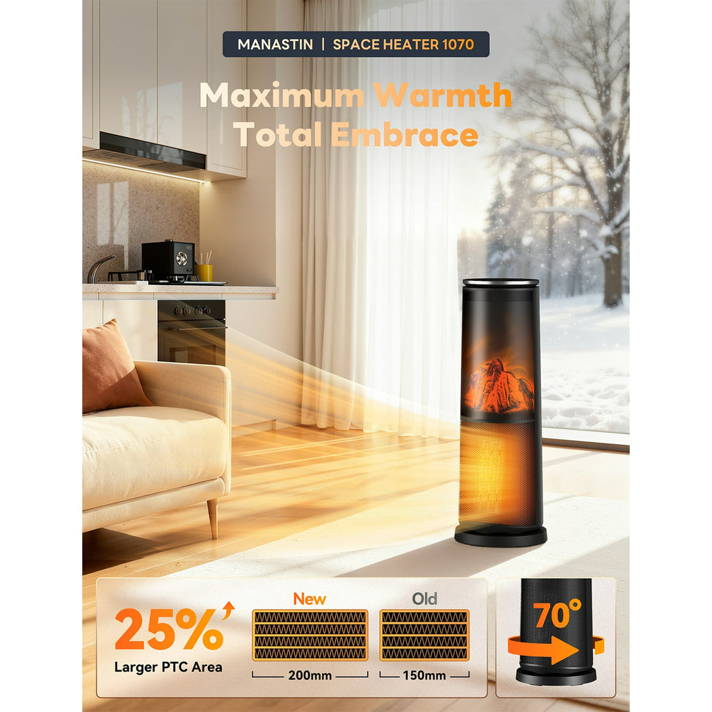 UrbanSync 25" Electric Tower Space Heater with 3D Flame, Tower Heater with Remote, Energy Saving and Mute, Child Lock & Safety Protection, Black