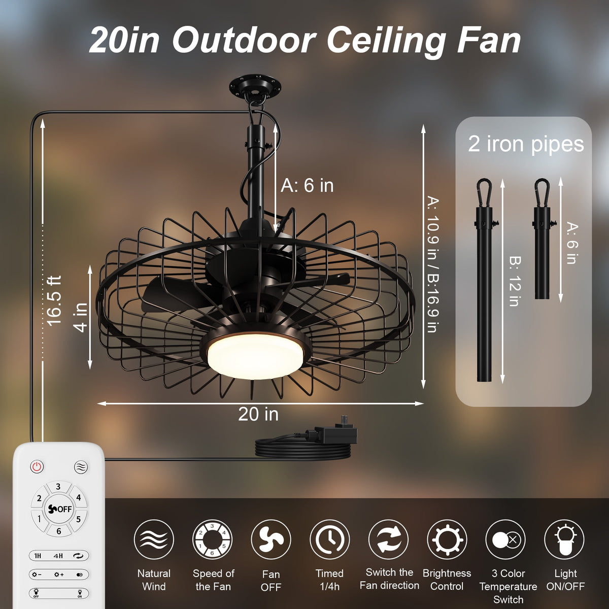 UrbanSync 20" Outdoor Ceiling Fan with Light with Remote, 6 Speeds & Timer, 3CCT Dimmable LED, IP65 Waterproof, for Kitchen, Bedroom, Outdoor, Square