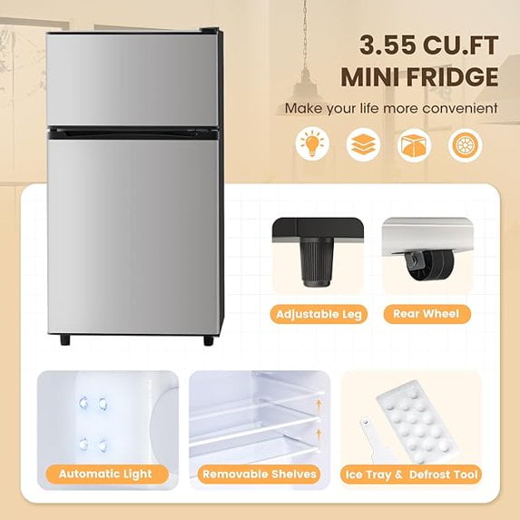 UrbanSync 3.5 Cu.Ft Mini Fridge with Freezer – Quiet, Energy-Efficient, and Space-Smart, Silver