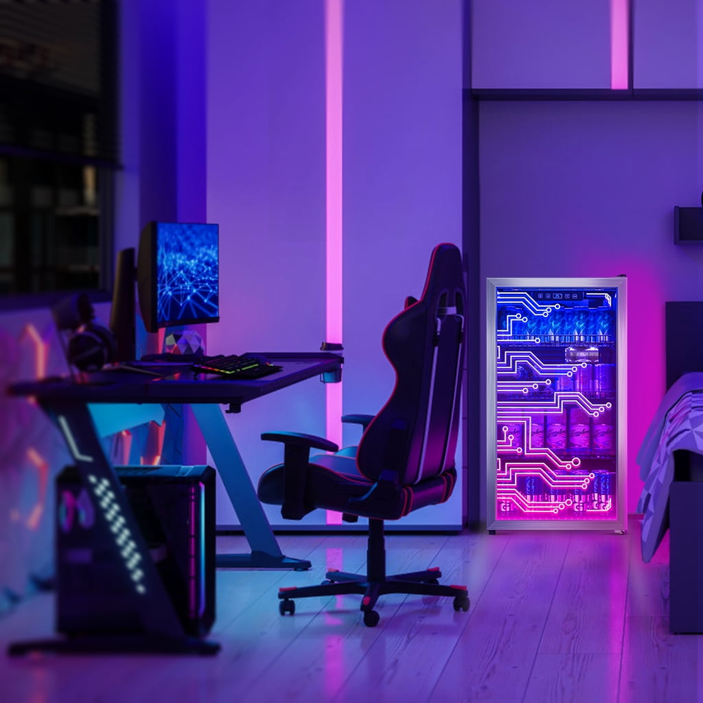 UrbanSync Light Up Beverage Refrigertor, Led Lighting Door 120 Cans Freestanding Beverage Fridge, Cyberpunk Beverage Cooler for Gaming, Gaming Room, Bar, Party