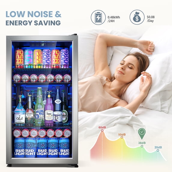 Patiosunny126 Can Beverage Refrigerator and Cooler with Glass Door for Home, 18.5 x 17.5 x 36.7 inches, Stainless Steel