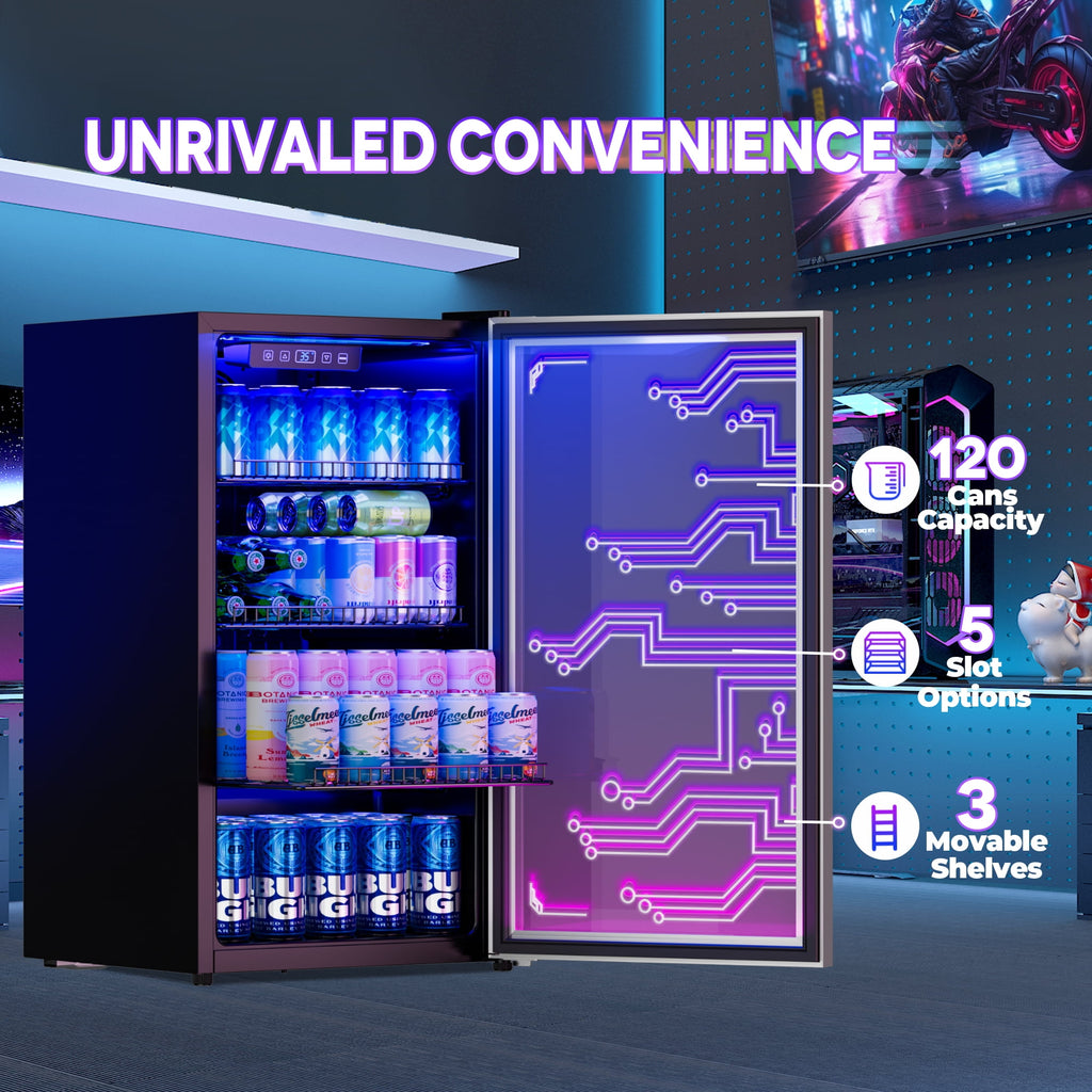 UrbanSync Light Up Beverage Refrigertor, Led Lighting Door 120 Cans Freestanding Beverage Fridge, Cyberpunk Beverage Cooler for Gaming, Gaming Room, Bar, Party