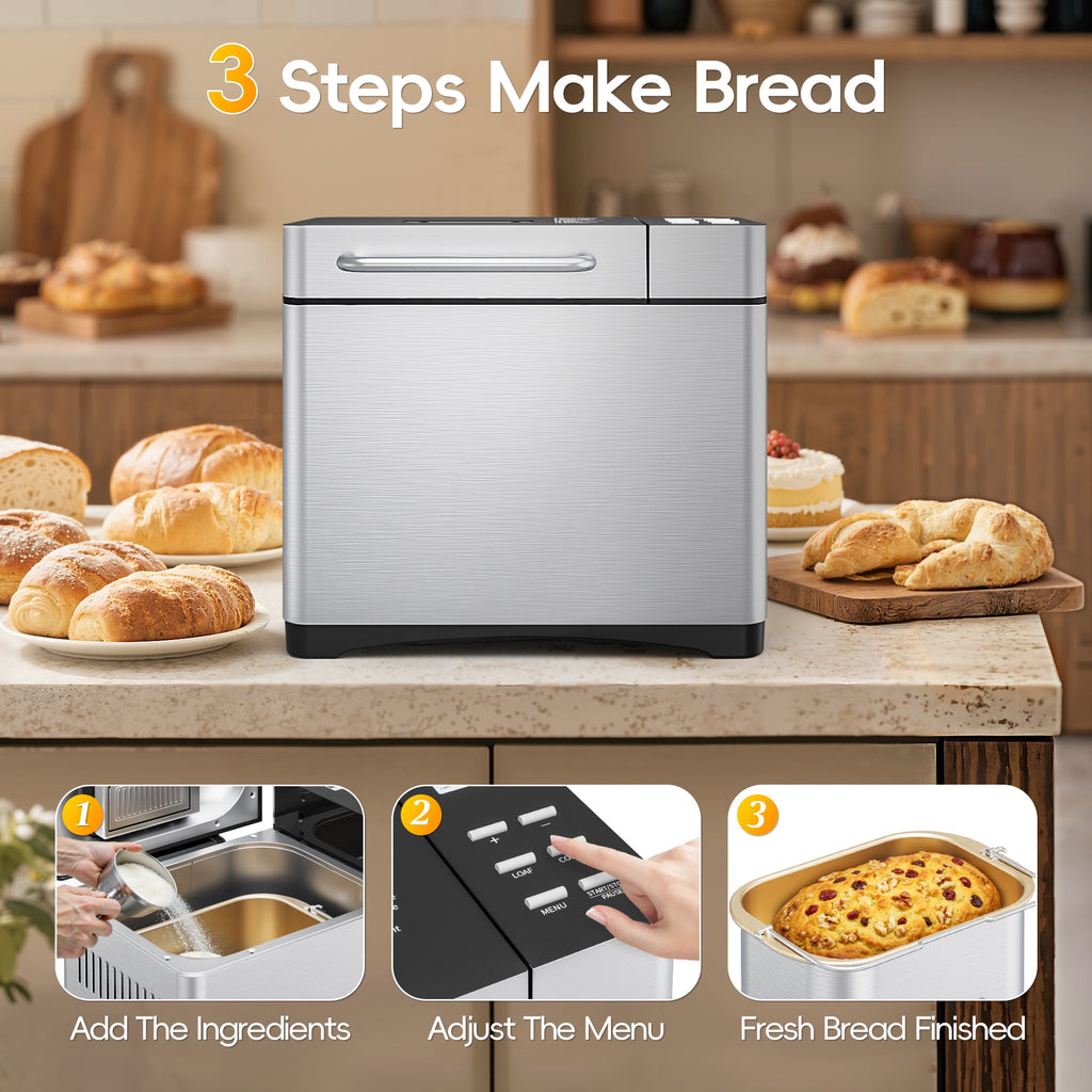 UrbanSync 19-in-1 & 2LB Stainless Steel Bread Maker Machine Fully Automatic LCD Display, Reservation Function with Recipes Recommended