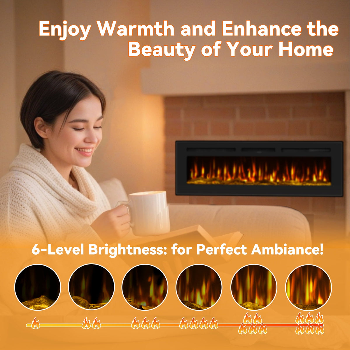 UrbanSync 50-inch wall-mounted electric fireplace with multi-color flame, timer, low noise, touch screen and remote control