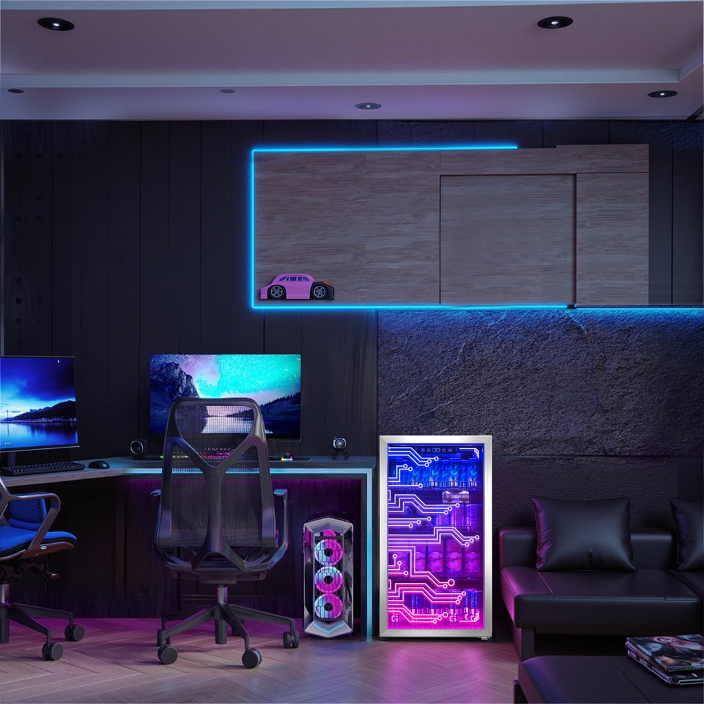 UrbanSync Light Up Beverage Refrigertor, Led Lighting Door 120 Cans Freestanding Beverage Fridge, Cyberpunk Beverage Cooler for Gaming, Gaming Room, Bar, Party