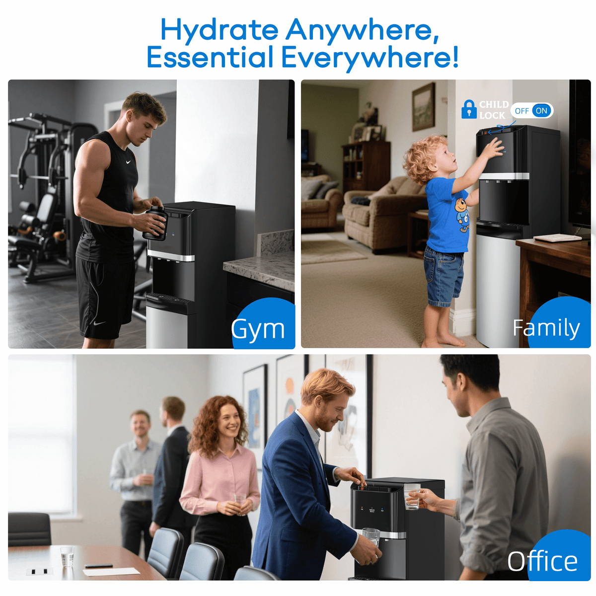 UrbanSync Bottom Loading Water Cooler Dispenser for 3-5 Gallon Bottles, Stainless Steel Water Cooler with 3 Temperature Settings - Hot, Cold & Room Water, Ideal Design for Home & Office