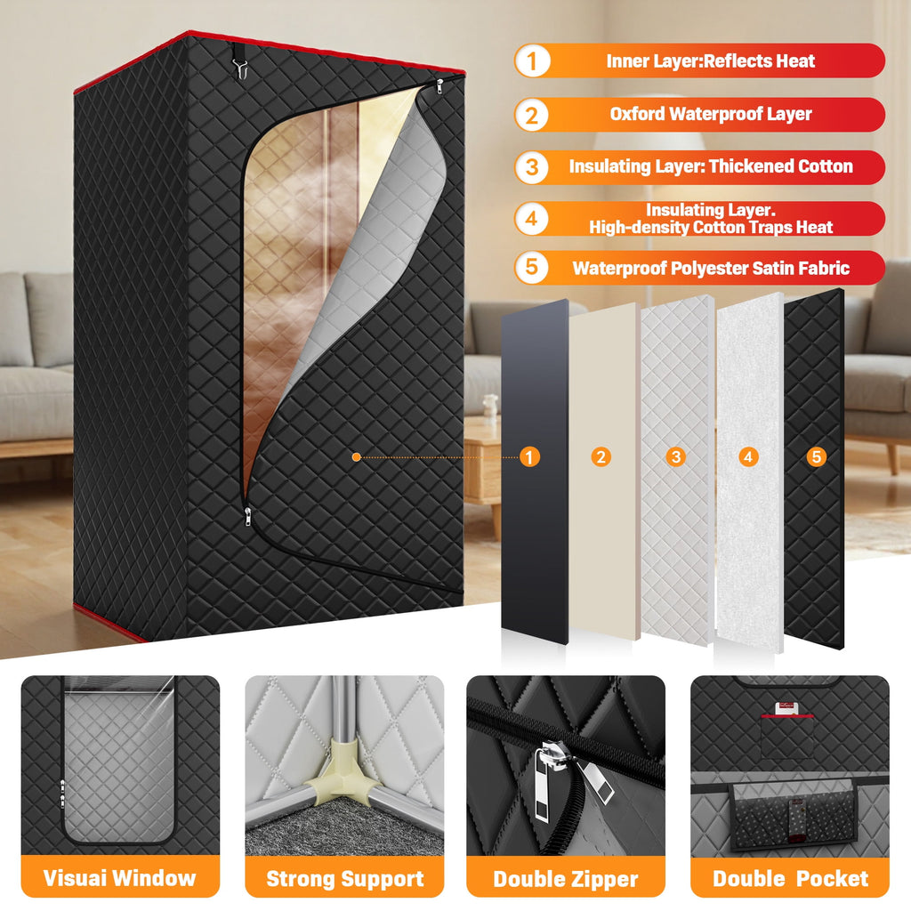 Portable Sauna Box for Home, Personal SPA Steam Sauna with 3L/1200W Steamer, XL Foldable and Remote Control, 99-Min Timer & 15 Power Levels, Black