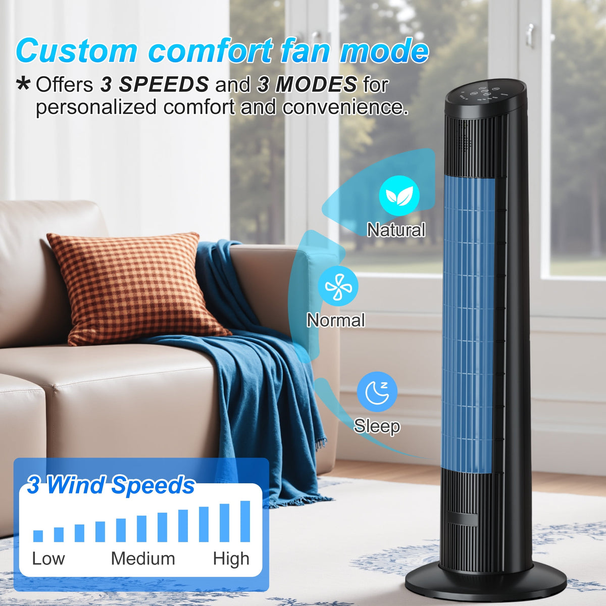 UrbanSync 33" Tower Fan – 3 Speeds, Remote Control, 15-Hour Timer, Rotating, 90° Oscillation – Ideal for Office, Bedroom, Gym