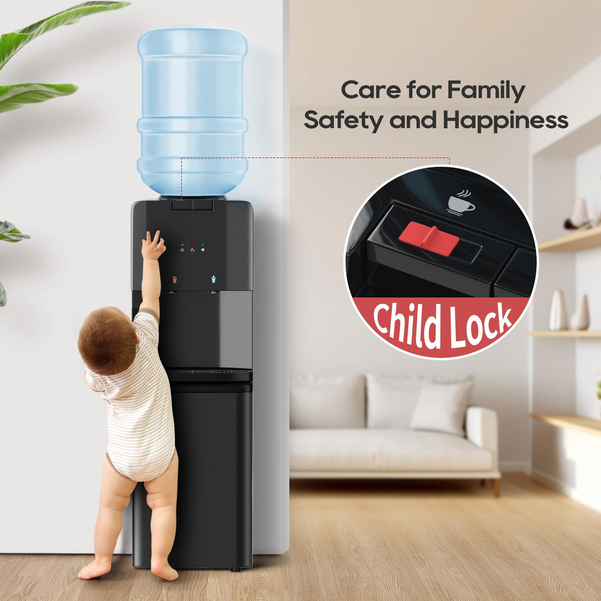 UrbanSync Top Loading Water Dispenser - Hot and Cold Water, Child Lock, Removable Water Tray, Extra Storage, Black