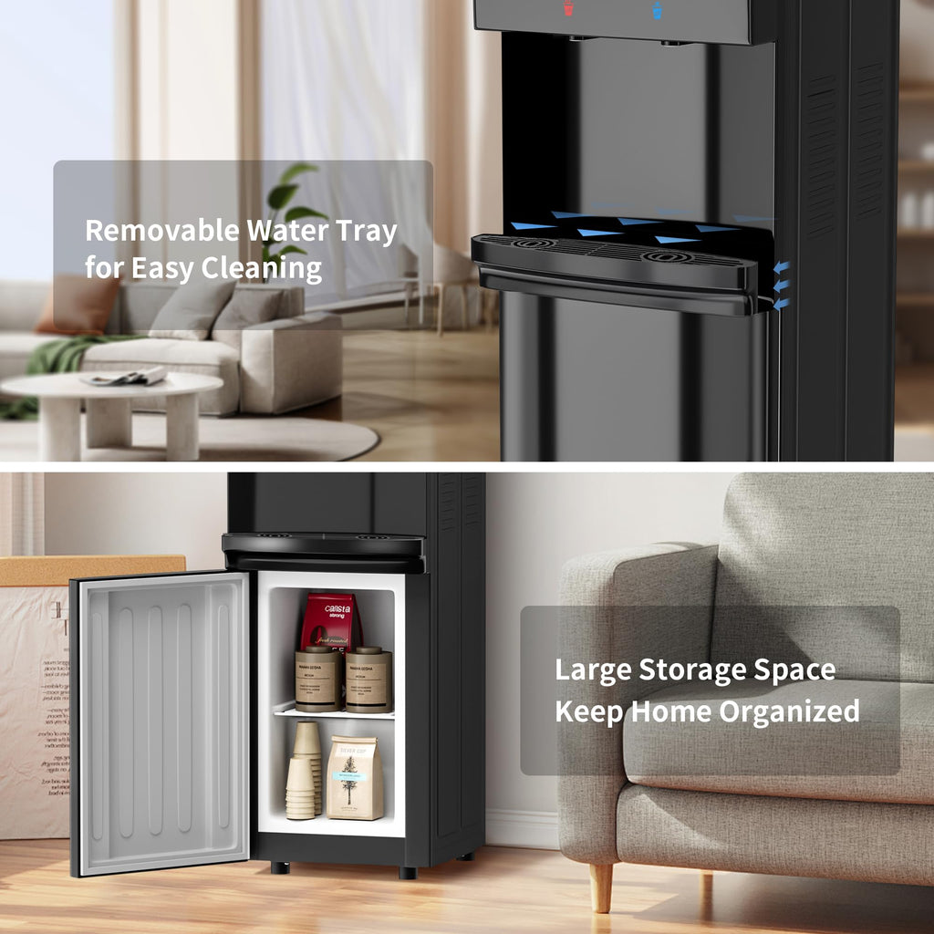 UrbanSync Top Loading Water Dispenser - Hot and Cold Water, Child Lock, Removable Water Tray, Extra Storage, Black