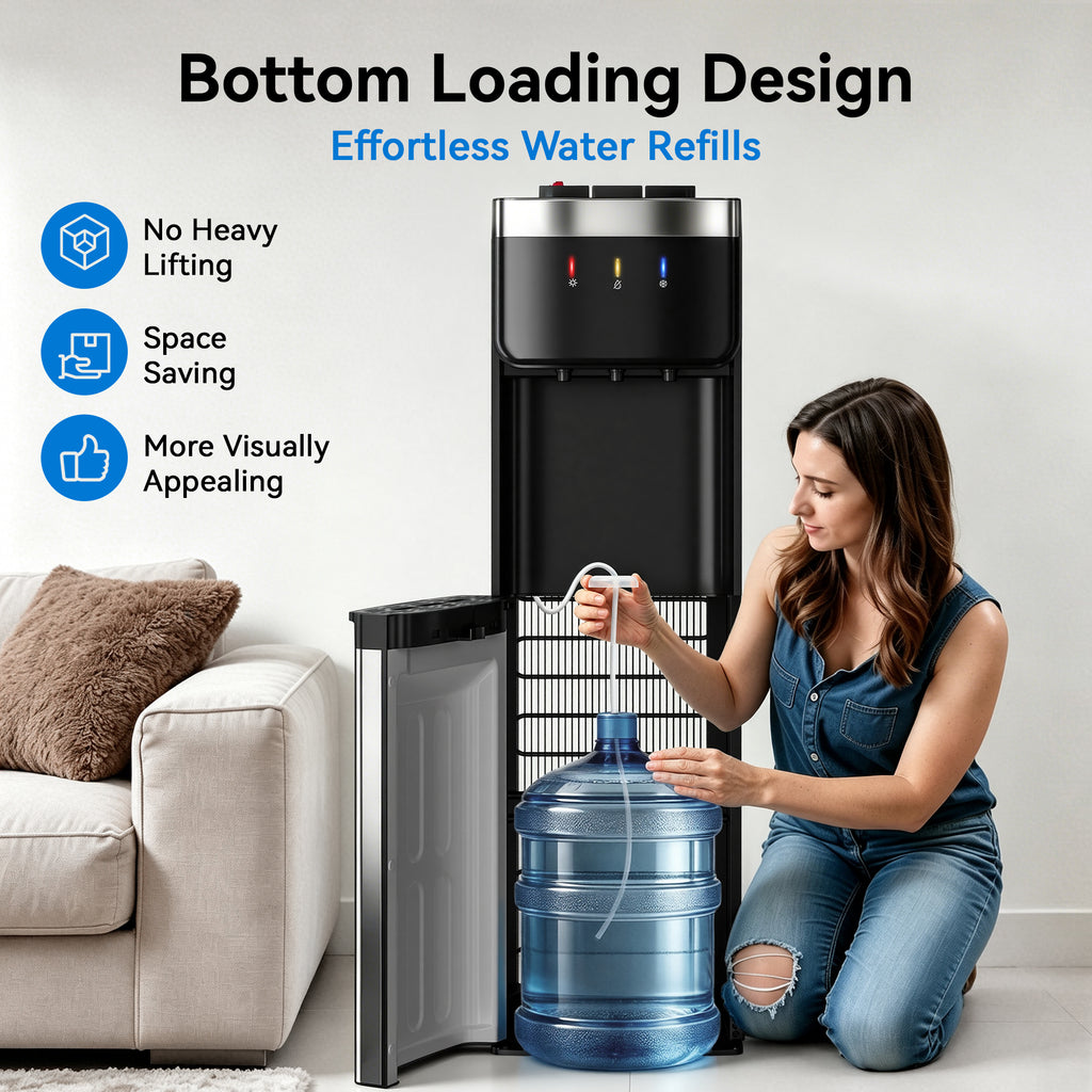 UrbanSync Bottom-Load Water Dispenser for Home, 3–5 Gallons, Hot, Cold & Room Temperature, Child Lock, Gray, New