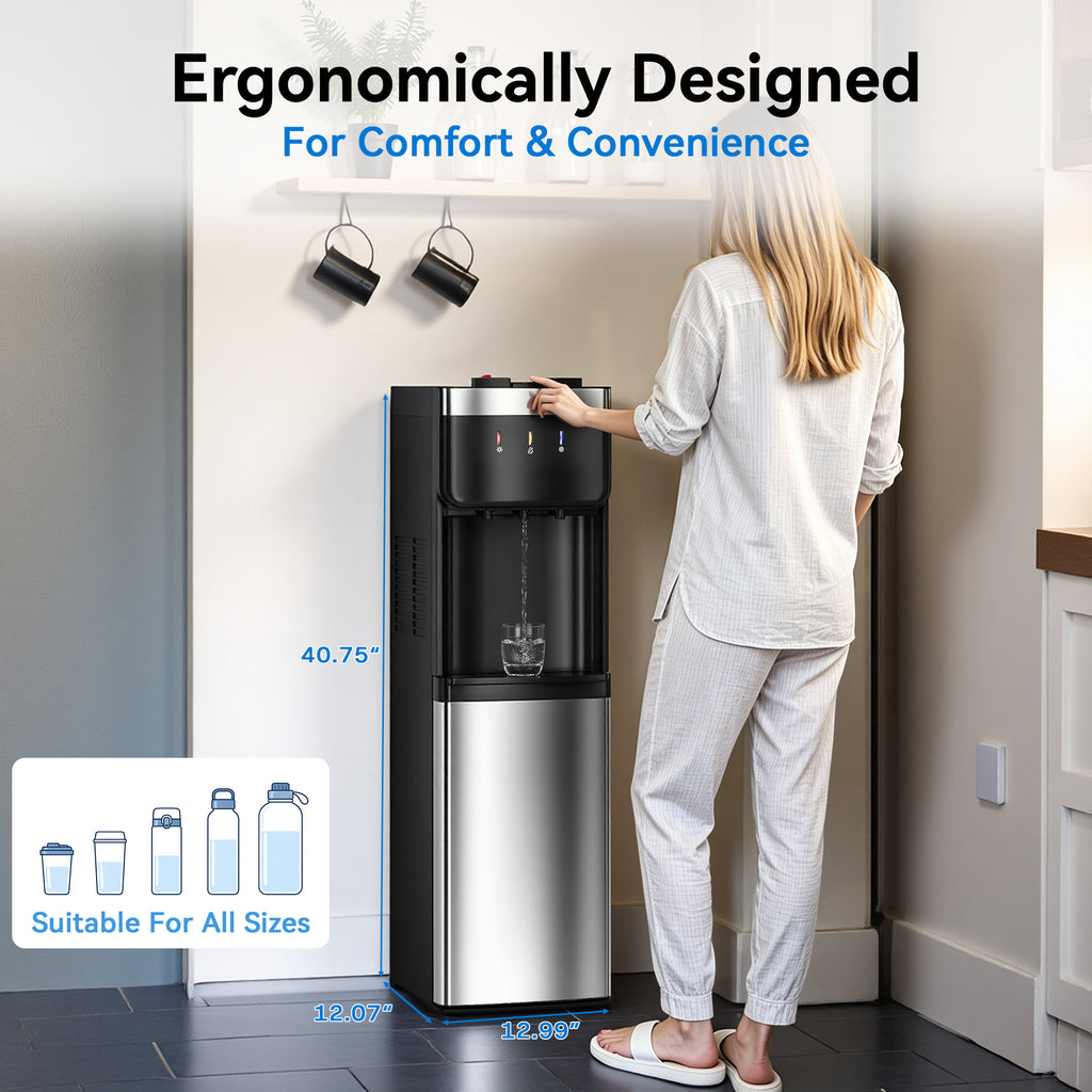 UrbanSync Bottom-Load Water Dispenser for Home, 3–5 Gallons, Hot, Cold & Room Temperature, Child Lock, Gray, New