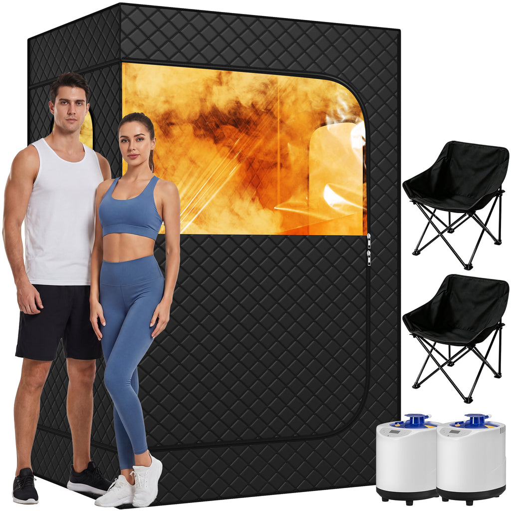 UrbanSync Upgraded 2 Person Sauna, Portable Sauna with 5 Layer Waterproof, Portable Steam Sauna Tent with 2 Steamers, 2 large black Folding Chair, 71”x 49”x 36"